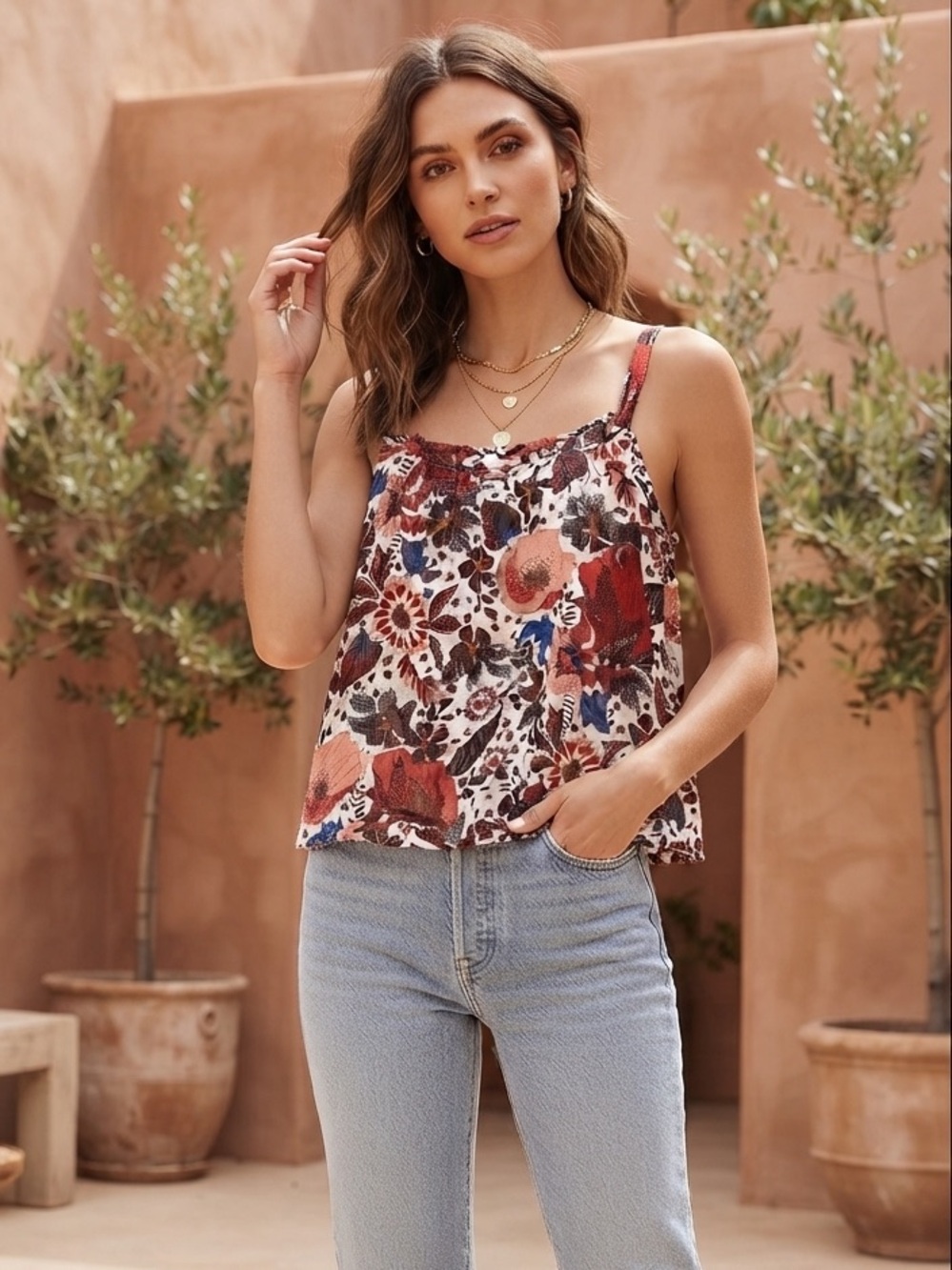 Jane + Delancey Metallic Striped Floral Multicolor Top Womens Size Medium